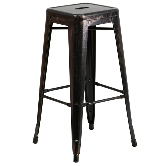 Flash Furniture Commercial Grade 30" High Backless Black-Antique Gold Metal Indoor-Outdoor Barstool with Square Seat