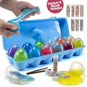 12 Slime Filled Easter Eggs for Easter Hunts, Stress Relief and Party Favors - 12 Non-Sticky Assorted Color Fluffy Putty Slime Eggs with Beads and Straws  Great Easter Gift and Basket Stuffer