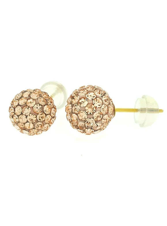 14k Yellow Gold 8mm Disco Ball Stud Earrings with Crystals Elements, Choice of Colors