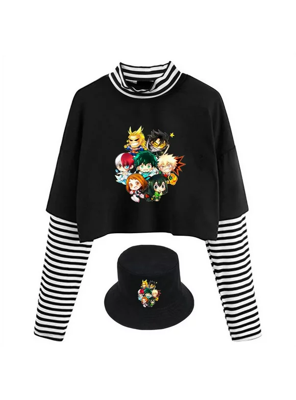 Taicanon Anime Crop Tops With Hat My Hero Academia 3D Printed Women Girls Casual Striped Sleeve T-Shirt Two Pieces Set(Black-M)