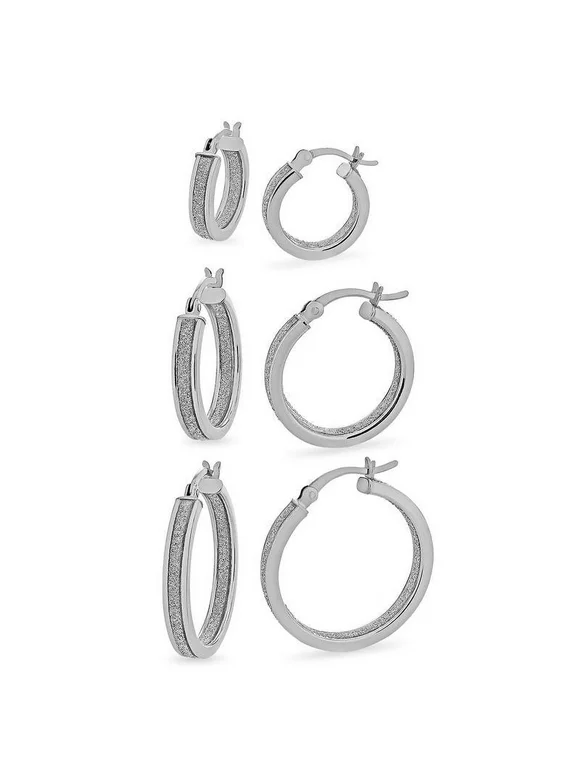 Sterling Silver Glitter Hoop Earrings Set