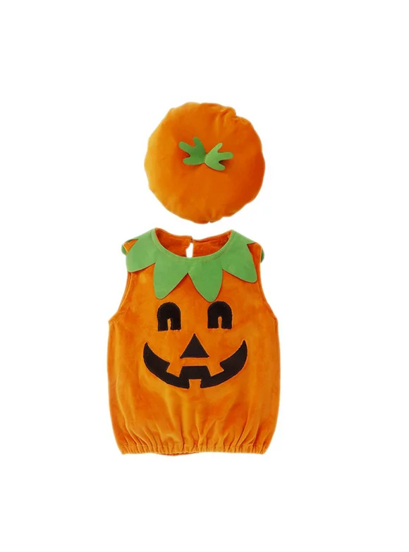 Actoyo Newborn Baby Girls Boys Halloween Costumes Sleeveless Pumpkin Romper Bodysuit and Hat Halloween Dress Up