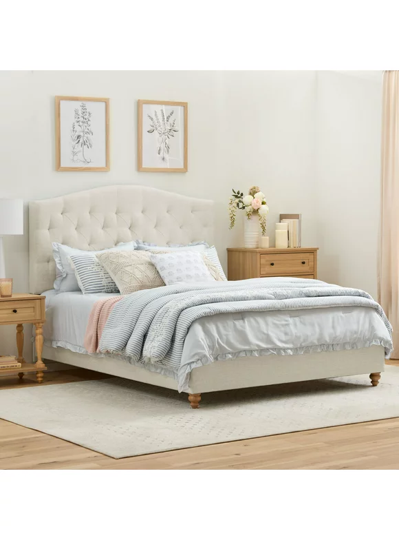 My Texas House Anna Upholstered Diamond Tufted Platform Bed, Queen, Oat