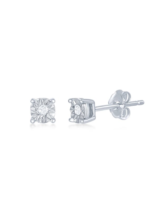 Sterling Silver 4MM with Center Genuine 0.01tcw Diamond Accent Stud Earrings