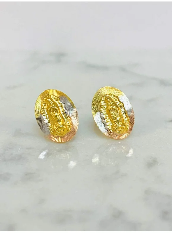 14K Gold Filled Virgen de Guadalupe Earrings / Screw Back Earrings / Diamond Cut Stud Earrings for Womens