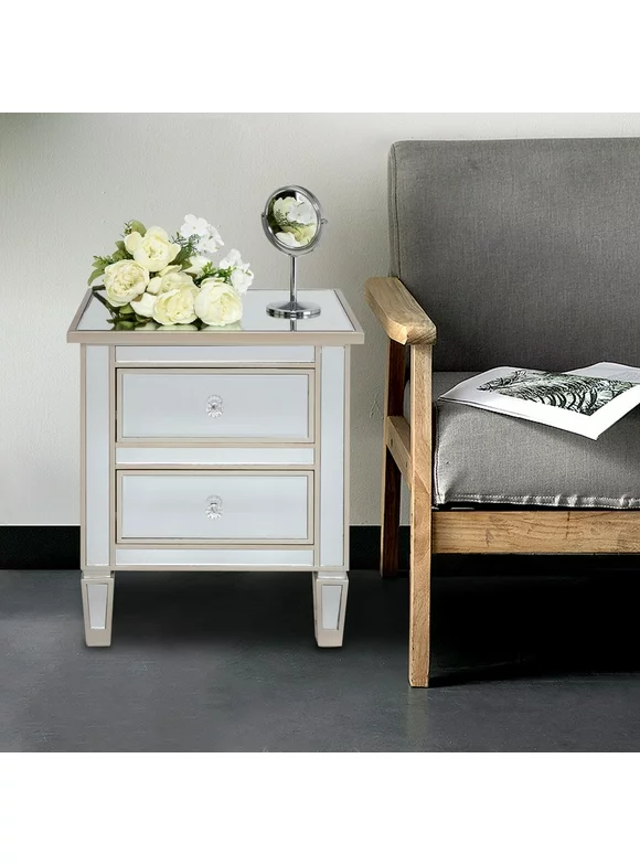 SalonMore Mirrored Nightstand 2-Drawers Bedside End Table Silver Rose for Bedroom, Living Room