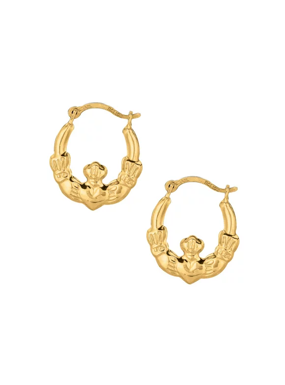 10K Yellow Gold Shiny Textured Round Claddagh Small Hoop Earrings with Hinged by IcedTime