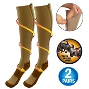 Copper Infused Zipper Compression Socks - Closed Toe Zip Up Circulation Pressure Stockings - Knee High For Support, Reduce Swelling & Better Circulation - Nude Regular (2 Pairs)