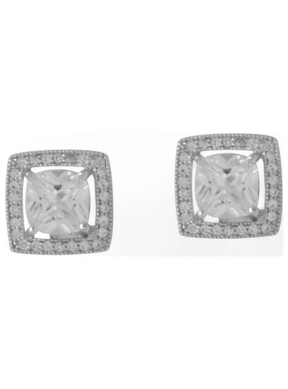 Rhodium Plated Square CZ with Halo Stud Earrings