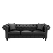 Classic Living Room Bonded Leather Scroll Arm Chesterfield Sofa (Black)