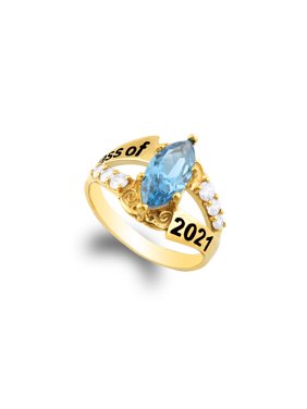 JamesJenny 925 Sterling Silver Gold Plated Graduation 2021 School Ring with Marquise Blue Topaz CZ Size 5.5