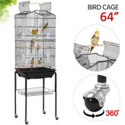 Topeakmart 64" Open Top Metal  Bird Cage Rolling Parrot Cockatiel Parakeet Finch Cage Bird Cage with Stand Black
