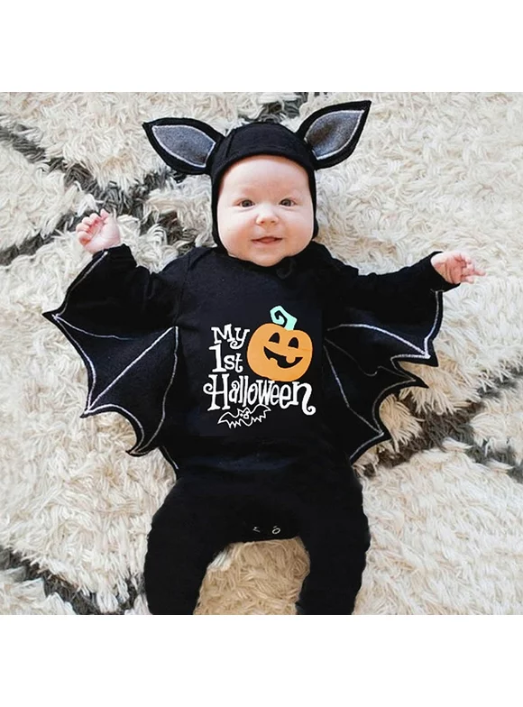 Actoyo Newborn Baby Boy Girl Halloween Costume Clothes Infant Toddler Cartoon Bat Romper Jumpsuit + Hat Outfits Set