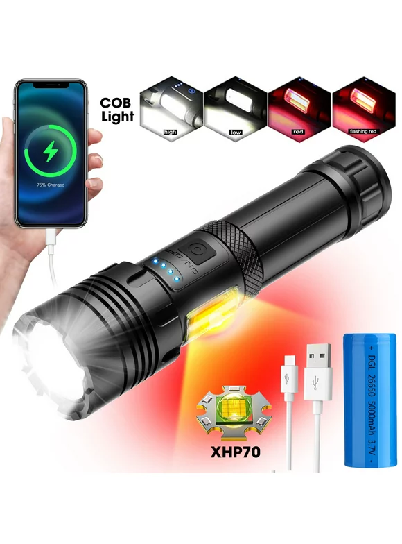 100000 Lumens Powerful Flashlight, Rechargeable Waterproof Searchlight XHP70 Super Bright Handheld Led Flashlight Tactical Flashlight 26650 Battery USB Zoom Torch for Emergency Hiking Hunting Camping