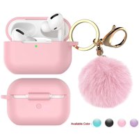 Airpods Pro 2019 Case Silicone, Airpods 3rd Gen Case Fur Ball Gold Keychain, Njjex Cute AirPods Silicon Case with Airpods Pro Accessories Gold Keychain/Skin/Pompom (Front LED Visible) -Pink