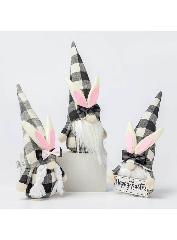 Bunny Figurines Easter Gnome Home Tray Decoration Farmhouse Spring Holiday Ornaments,  Black & White, 3pcs