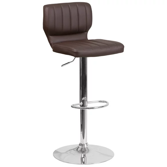Flash Furniture Jeremy Contemporary Brown Vinyl Adjustable Height Barstool with Vertical Stitch Back and Chrome Base
