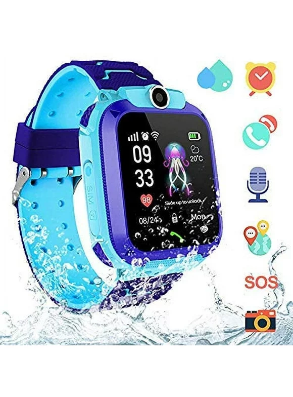 Amerteer Kids Waterproof Smart Watch Phone, AGPS Tracker Touchscreen Anti-Lost Smartwatch SOS Alarm Clock Camera Smart Watch Christmas Birthday Gifts for 3-12 Boy Girls-Blue