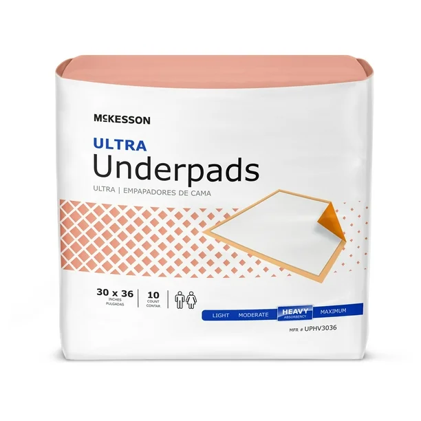 McKesson Ultra Underpads for Incontinence, Heavy Absorbency - 30 in x 36 in, 10 Ct