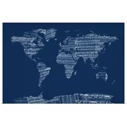 Great BIG Canvas | "Sheet Music World Map, Blue" Art Print - 48x32