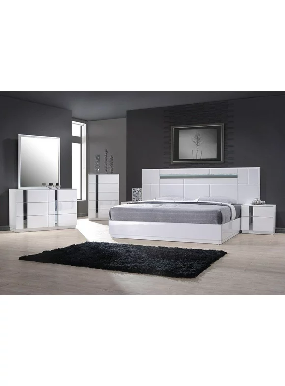 Contemporary Queen Bedroom Set in White Lacquer and Chrome Set 3 Pcs J&M Palermo