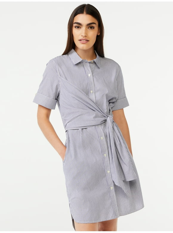 Free Assembly Women's Wrap Shirt Dress with Short Sleeves