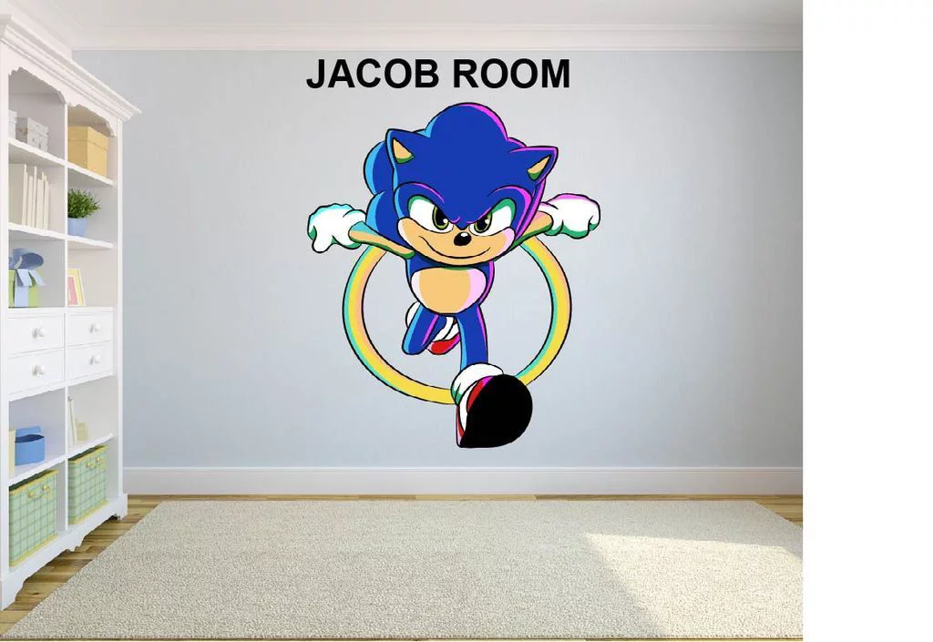 SUPER SONIC THE HEDGEHOG Smiling Video Game Inspired Wall Art Design Customized Name Wall Decal - Custom Vinyl Wall - Personalized Name - Girls Boys Kids Bedroom House Wall Decor Size (40x35 inch)