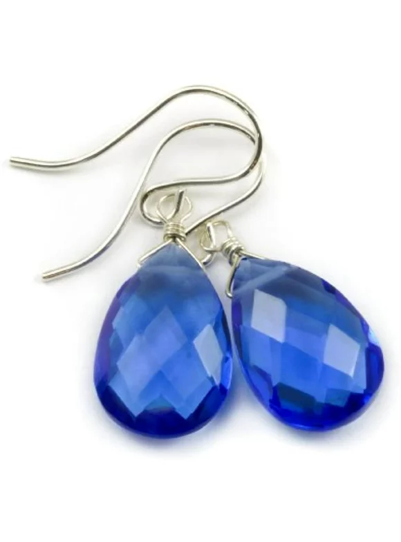 Sterling Silver Simulated Sapphire Earrings Blue Faceted Pear Shaped Drops Designed for Adult Women and Teen Girls