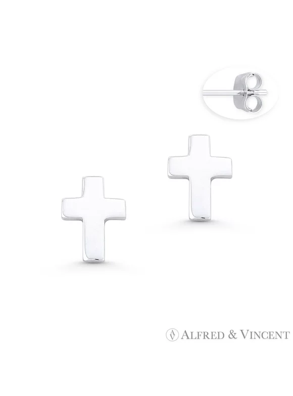 10x7mm Latin Cross Christian Charm Stud Earrings w/ Push-Back Posts in .925 Sterling Silver