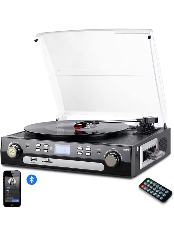 DIGITNOW Vinyl/LP Turntable Record Player, 3.5mm Headphone Jack,Remote and LCD with Bluetooth, AM&FM Radio, Cassette Tape, Aux in, USB/SD Encoding & Playing MP3/ Built-in Stereo Speakers