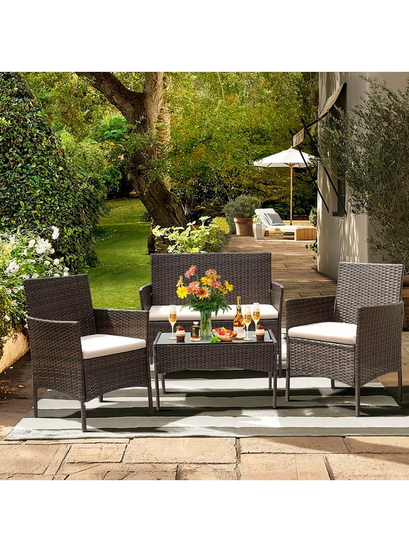 Lacoo 4 Pieces Patio Conversation Set Outdoor Furniture  PE Rattan Wicker Chairs Set and Table, Brown