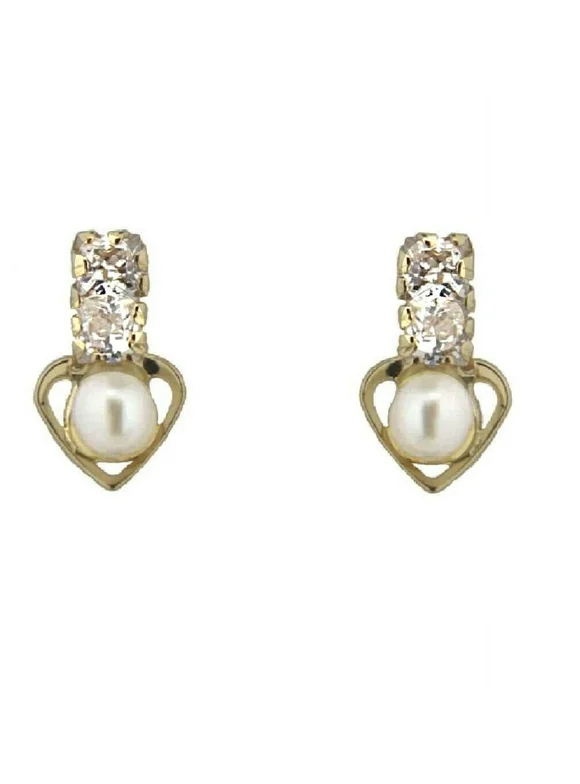 18K Solid Yellow Gold Zirconia and Pearl Heart Covered Screwback Earrings