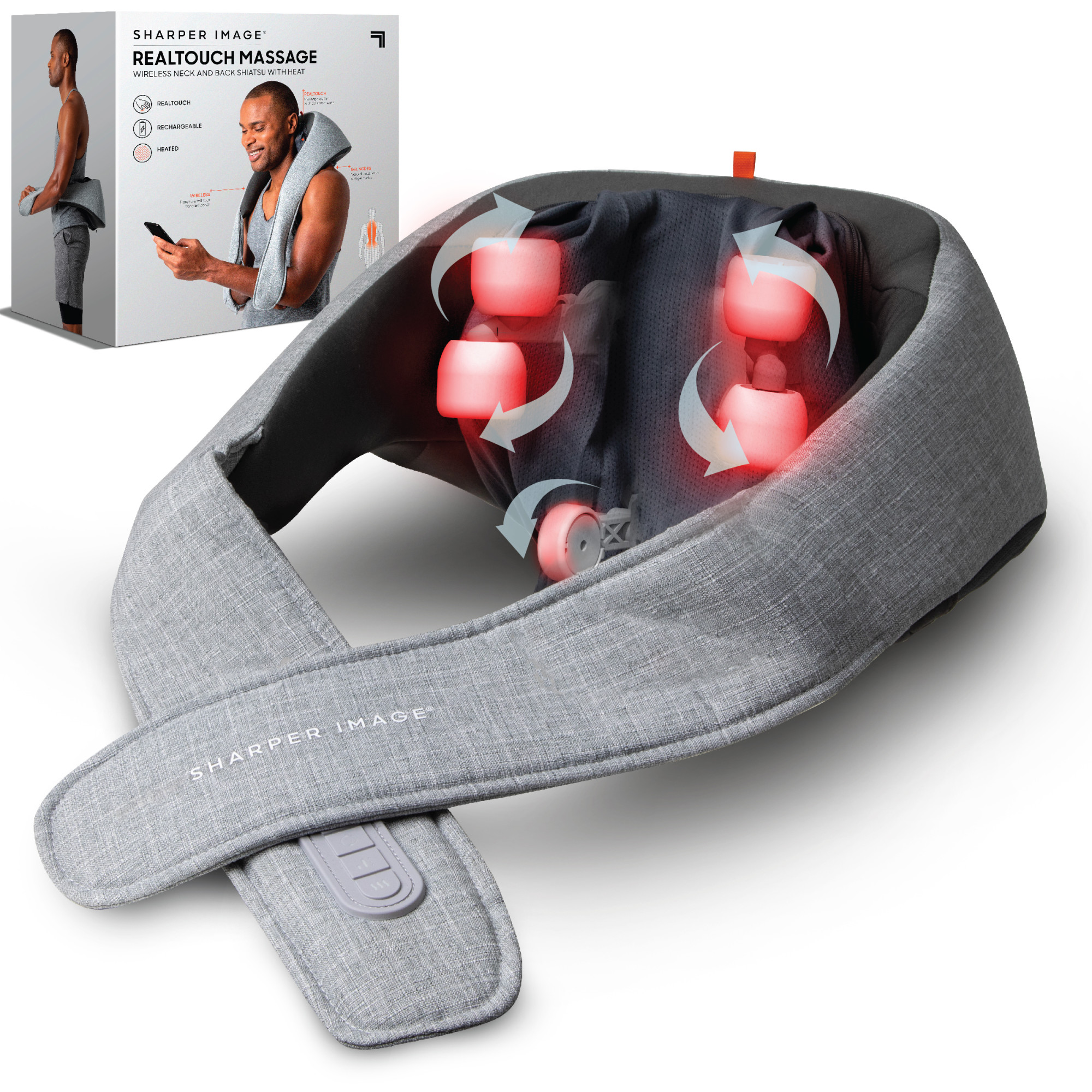 Sharper Image® Realtouch Shiatsu Massager, Warming Heat Soothes Sore Muscles, Nodes Feel Like Real Hands, Wireless & Rechargeable - Best Massager for Neck Back Shoulders Feet Legs w/ 6 Massage Heads