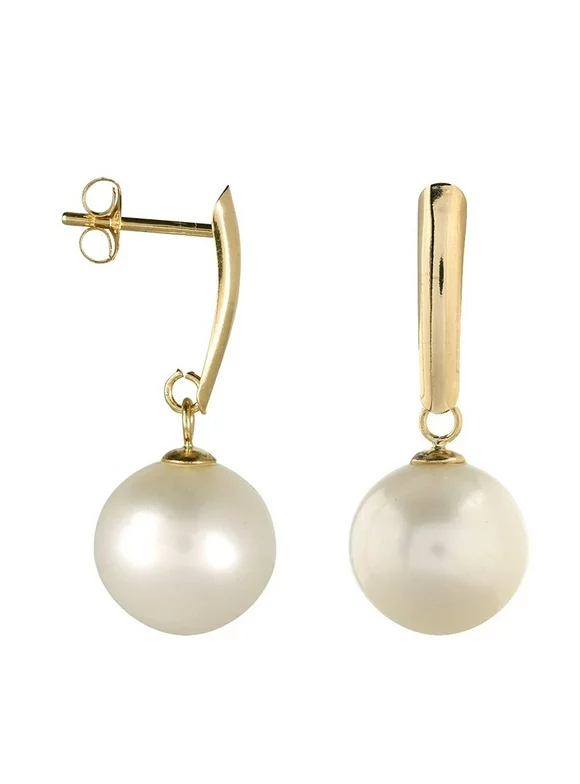 14k Yellow Gold Round Pearl Earrings with Freshwater Cultured Pearls (Drop Pearl Earrings, Pearls Available in 8-8.5/7-7.5 mm and 10-10.5 mm Sizes, Gift Box Included with Earrings)