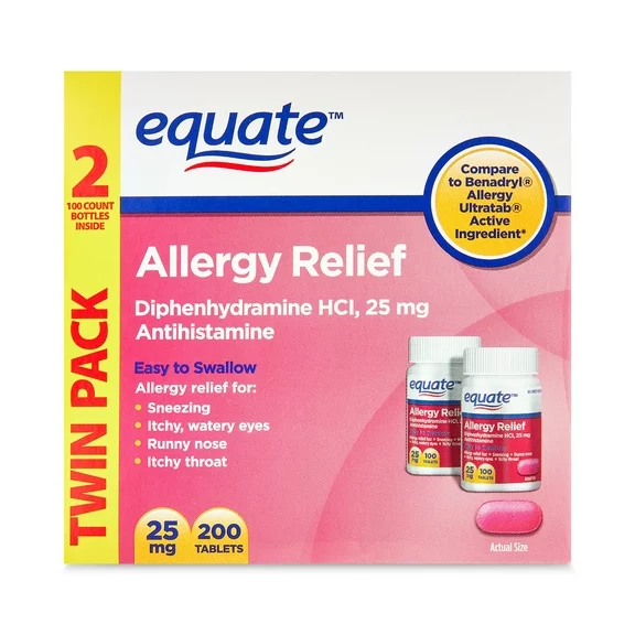 Equate Allergy Relief Diphenhydramine Tablets 25mg, 2x100 Count
