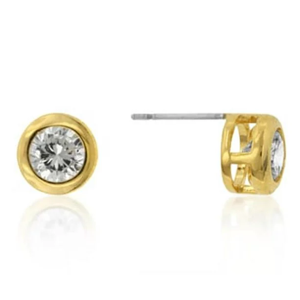 18k Gold Plated Bezel Set Round Cut Clear CZ Stud Earrings in Goldtone