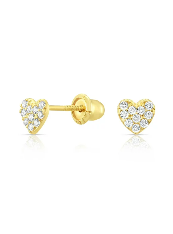 Tilo Jewelry 10K Yellow Gold Small Heart Stud Earrings with Cubic Zirconia Stones for Women, Girls & Kids