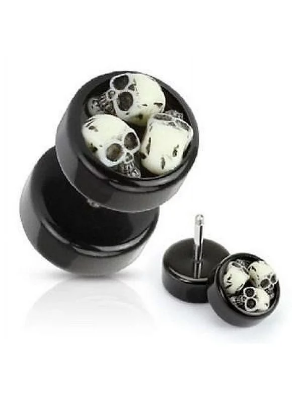 Earrings Rings Cheater Black Acrylic Fake Plug Three Embedded Skulls 16g - Sold as a pair
