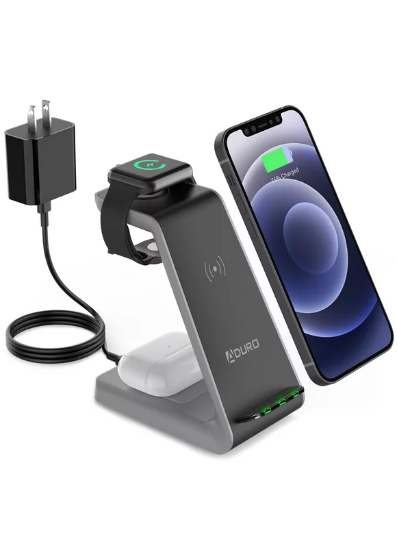 Aduro PowerUp Trinity Pro 3 in 1 Wireless Charging Station for Apple Products Qi Fast Charging Dock for iWatch, Airpods, iPhone Black