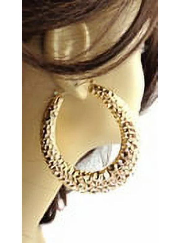 Large Puffed Hammered Texture Gold tone Hoop Earrings 3 inch