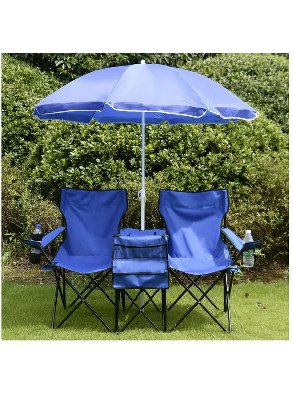 Double Folding Chair, Portable Camping Chair with Removable Umbrella, Table Cooler Bag, Carrying Bag, Fold Up Steel Seat for Patio Beach Lawn Picnic Fishing Picnic Garden, Blue, W10662
