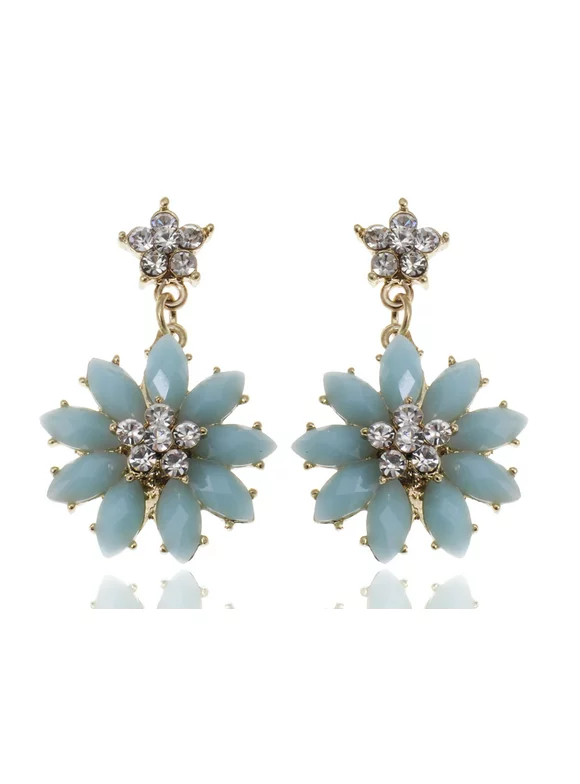 Alilang Womens Golden Tone Tuquoise Blue Stones Spring Floral Flower Stud Earrings
