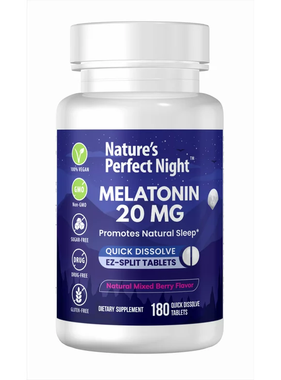 Nature's Perfect Night, Melatonin 20mg Supplement, 180 Fast Dissolve Tablets, Natural Berry Flavor
