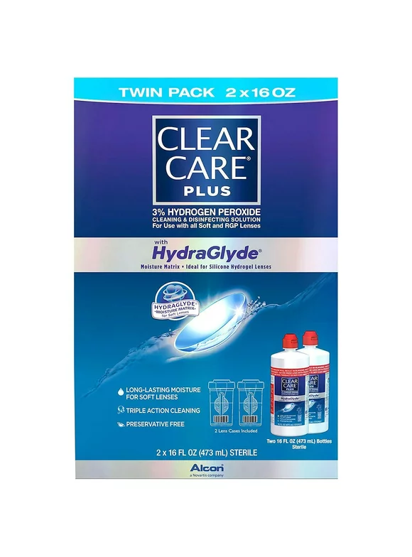 Clear Care Plus with Hydraglyde Cleaning & Disinfecting Solution Twin Pack with 2 Lens Cases Included 16 oz
