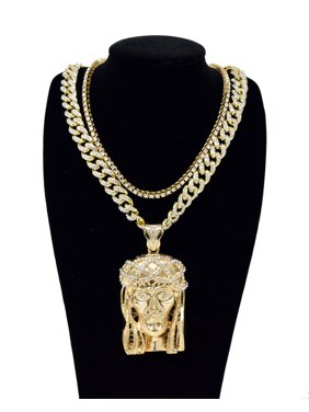 Men's Hip Hop Style Gold Tone Plated 24" Iced Cuban Chain with Large Jesus Face Pendant and 20" Single Row Tennis Chain