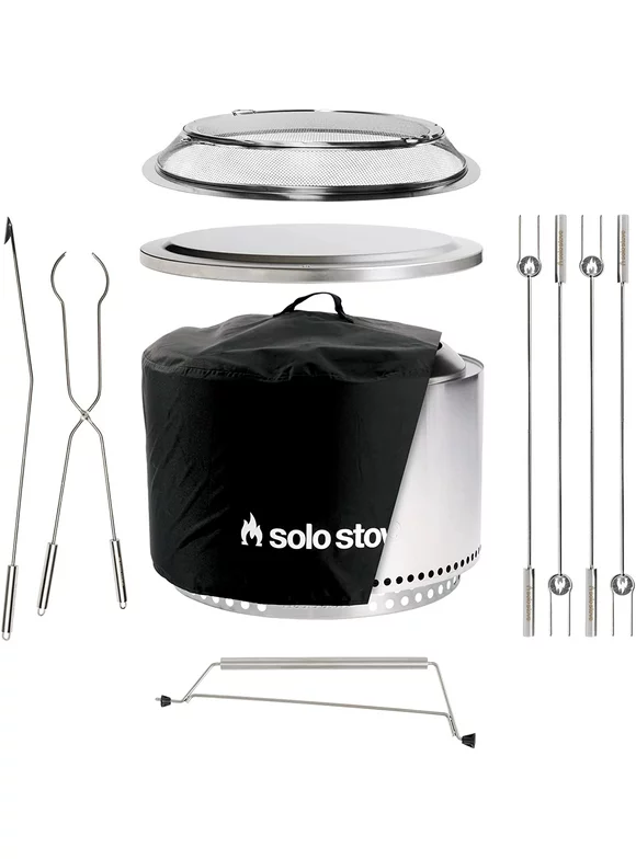 Solo Stove Yukon Ultimate Bundle 2.0 | Incl. Smokeless Fire Pit, Stand, Shelter, Shield, Lid, Handle, Sticks&Tools, Portable Camping Accessories, Wood burning, Stainless Steel, H: 19.8in x Dia: 27in