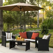 Best Choice Products 4-Piece Rattan Wicker Patio Conversation Furniture Set w/ 4 Seats, Table, Tempered Glass Tabletop, 3 Sofas, Weather-Resistant Cushions - Black