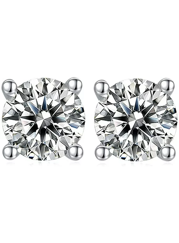 TwoBirch Sterling Silver 2 Carat Round Moissanite Stud Earrings (6.5 MM, Certified)