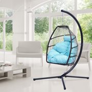 Swing Egg Chair, BTMWAY Outdoor Single Person Hanging Egg Chair, Heavy-duty Hammock Egg Chairs w/Steel Stand&Cushions, Resin Wicker Egg Chair for Outdoor Patio Backyard Bedroom, Blue, A2897