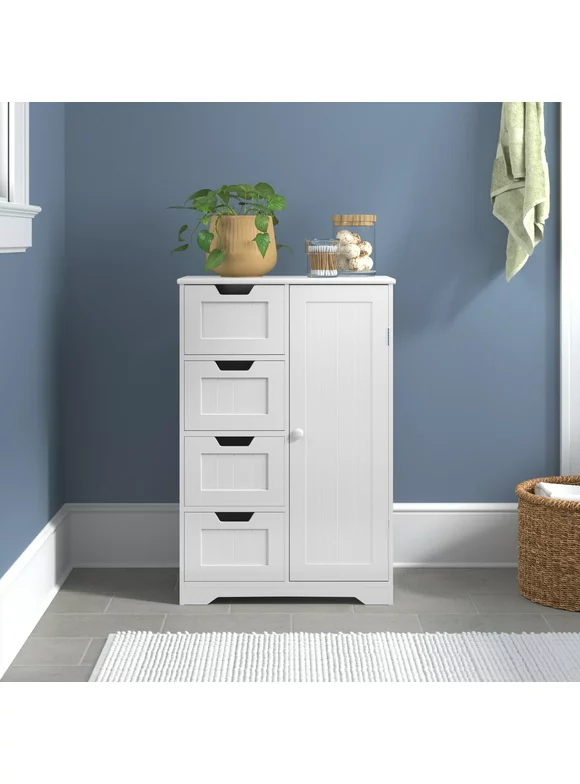 Homfa 4 Drawer Storage Cabinet, Wooden Cupboard Linen Bathroom Cabinet, White Finish